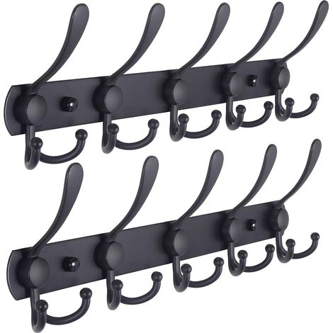 Porte-Manteau Mural - 5 Crochets Triples, Robustes, Acier Inoxydable, Rail De Crochet En Métal Pour Porte-Manteau, Porte-Serviettes, Porte-Monnaie, Robes D'entrée De Salle De Bain (Noir, 2 Paquets) (1/5)