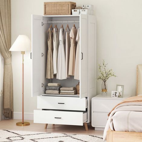Armoire dressing 2 portes avec fermeture amortie, 2 tiroirs et tringle, meuble chambre 80x54x180cm, blanc (1/5)