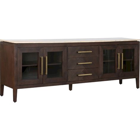 Buffet en manguier et marbre style moderne traditionnel - Bois foncé et marbre beige clair (1/5)