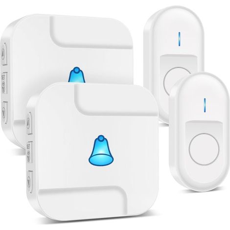 Sonnette sans fil : sonnette d'entrée sans fil avec 2 boutons de sonnette étanches et 2 récepteurs, étanche IP55, 55 sonneries, flashs LED – Blanc