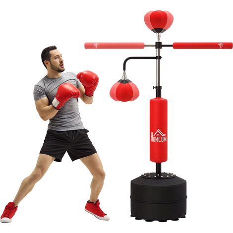 HOMCOM saco de boxeo de pie, 160-230 cm, con barra giratoria de 360°, 2 bolas de velocidad y base rellenable, para adultos y niños, fitness, rojo