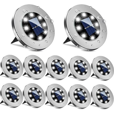 8 LED Lampe Solaire Extérieur, 12PCS Spot Solaire Exterieur Encastrable 6000K Etanche IP65 Lumière Solaire Extérieure, Lampe Solaire Jardin pour Paysage, Passerelle, Pelouse, Étapes, Terrasses-Blanc C