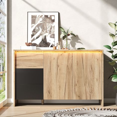 Aparador de cocina 120x76x40 cm, mueble de almacenamiento para salón y comedor, con LED multicolor, 3 cajones y 2 puertas, Natural y Negro (1/5)