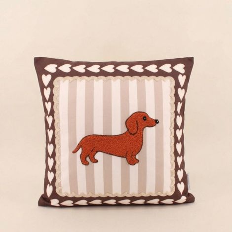 Coussin teckel velours rayures marron, beige 45x45cm