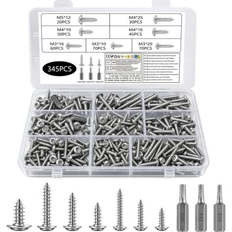 345 Vis Torx Set M3 M4 M5 Inox, Tête Ronde, Autotaraudeuses (1/5)