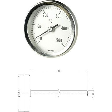 Pirometro Termometro 0 500 ° Bimetallico Forno Stufa Camino Barbecue 15 cm