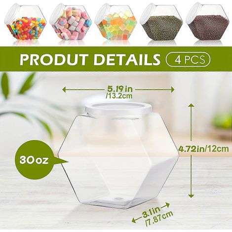 Lot de 4 bocaux hexagonaux en plastique transparent pour bonbons, biscuits, en-cas et aliments secs, hermétiques, pour la cuisine et le garde-manger. (1/4)