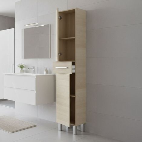 Dmora - Columna de baño Dokerek, Mueble de pared para baño con 2 puertas y 1 cajón, Armario alto, 35x31h182 cm, Roble (1/5)