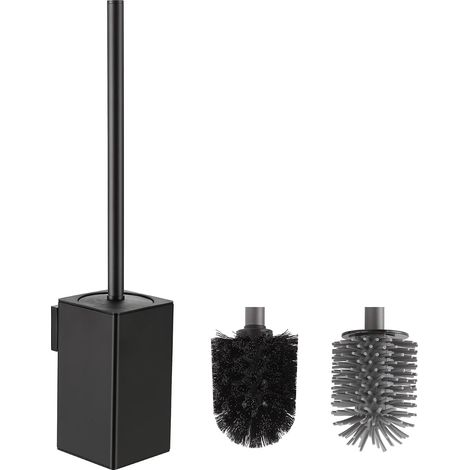 Brosse WC noire, montage mural, brosse de toilette, en silicone, design carré unique, avec 2 têtes de brosse (1/5)