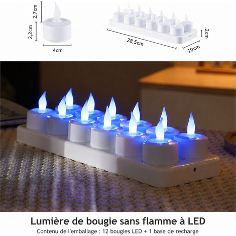 Lot de 12 bougies LED rechargeables à lumière bleue vacillante avec socles en plastique blanc 12 réf 6626 32,5 × 10 × 8 cm 700 g – Livraison gratuite
