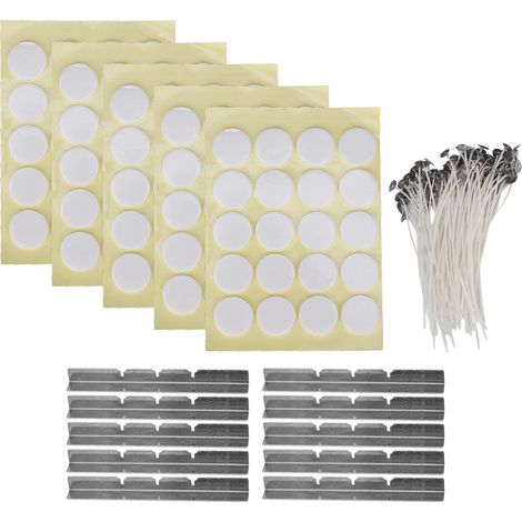 210 weiße Wachskerzendochte, 15 cm lang mit Sockel + 100 doppelseitige Schaumstoffaufkleber + 10 Dochthalter aus Edelstahl (Packung mit 210 Stück) (1/5)