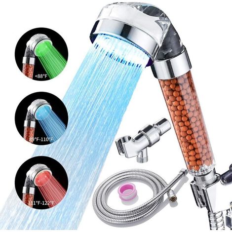 Pommeau de douche avec changement de couleur LED, filtration par filtre, spray économiseur d'eau, douchettes avec flexible et base pour peaux et cheveux secs avec pommeaux de douche à température cont (1/5)