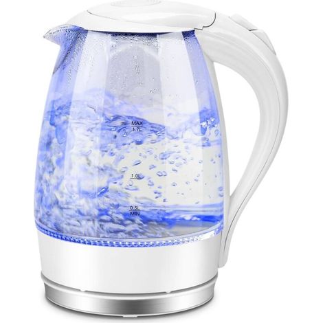 Vtizikl Bouilloire Électrique en Verre Borosilicaté avec éclairage LED Bleu, Cristal Transparente, 2200W, 1,7L, Filtre Anticalcaire,Arrêt automatique, Base 360°,Sans BPA, Blanche