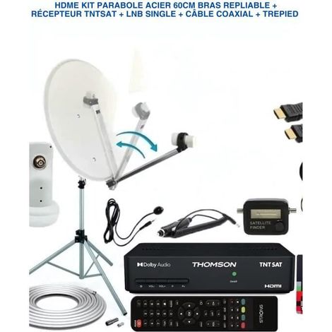 Kit Parabole - HD4K - 60cm - Récepteur TNTSAT THS806 - LNB Single - Trépied Aluminium