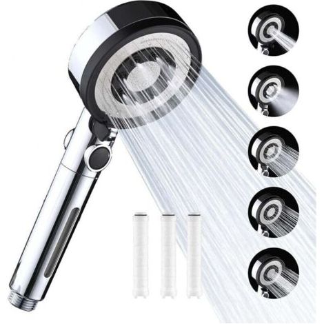 Pommeau de douche avec 3 filtres PP anticalcaire haute pression, pommeau de douche de salle de bain avec 5 modes de jet, (sans flexible ni support) (1/4)