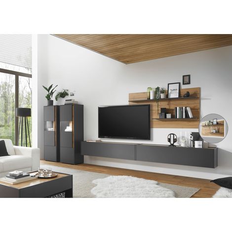Wohnzimmer Wohnwand mit LED Beleuchtung CRISP-61 in anthrazit mit Absetzungen in Wotan Eiche Nb., B/H/T: ca. 440/180/40 cm (1/5)