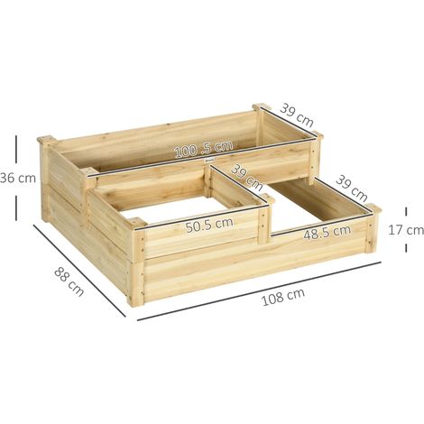 Jardinière surélevée avec 3 bacs à plantes, conception à 3 niveaux, base ouverte, 108 cm x 88 cm x 36 cm, naturelle (1/3)