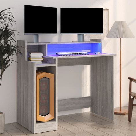 Bureau et lumières LED, Bureau Informatique, Table de travail, Meuble de Bureau Sonoma gris 97x45x90cm Bois d'ingénierie HYB28070 (1/5)