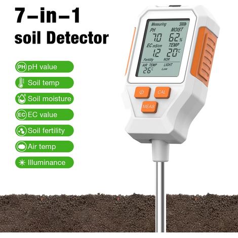 Testeur de sol numérique 7 en 1 avec écran LED, détecteur de pH/EC/température/humidité/température de l'air/fertilité/ensoleillement (1/5)