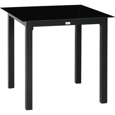 Table de jardin carrée en aluminium noir avec plateau en verre trempé 80x80x74 cm pour 4 personnes (1/5)