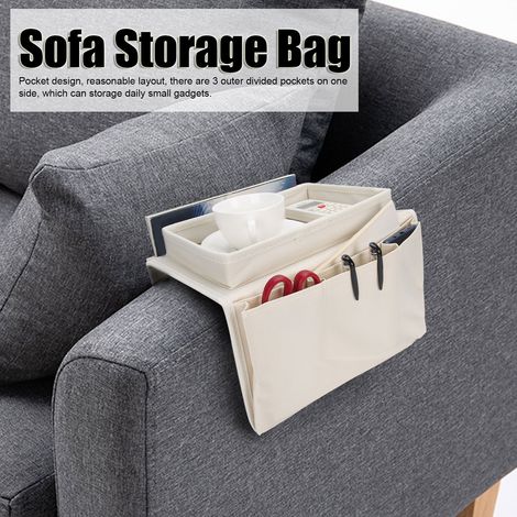 Multifunktionale Sofatasche mit Getränkehalter – TV-Fernbedienungs-Organizer mit 4 Fächern aus Oxford-Gewebe, 30 x 18 cm, Beige (1/5)