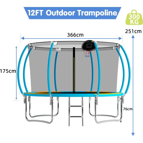 12FT Outdoor Trampoline With Basketball Hoop, Garden Trampoline With Safety Net & Ladder, Available For Toddlers And Adults, Up to 150kg