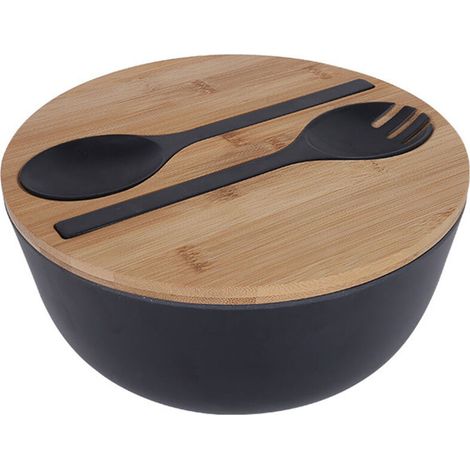 Saladier en fibre de bambou avec couverts - Grand saladier de 25 cm en bambou massif avec couvercle et cuillère en bambou, idéal pour les fruits, les salades et la décoration. (1/5)