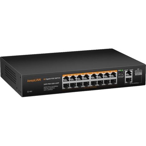 Commutateur Réseau, 19 Ports, PoE et Liaisons Gigabit, 16xPoE 2xGbE 1xSFP (1/2)