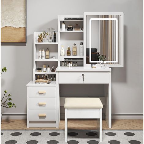 Coiffeuse 85x36x130 cm blanche en MDF avec miroir LED, tabouret et 4 tiroirs (1/5)
