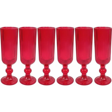 Calice in Vetro Rosso 160 ml Bicchiere Flûte Elegante da Champagne o Spumante H18 cm con piede alto Design Rigato Ideale per Feste Tavola e Decorazioni Natalizie