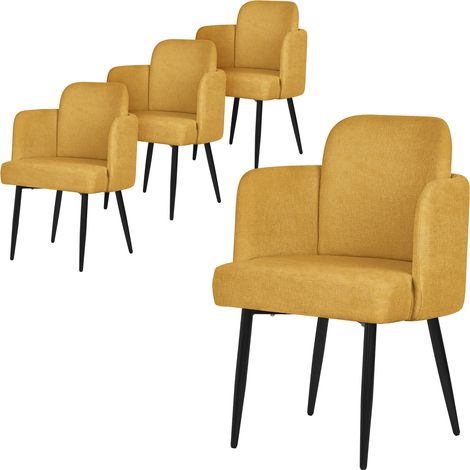 ML-Design Set 4x Poltrone da Sala Pranzo Senape con Rivestimento in Tessuto, con Gambe in Metallo, Sedie Ergonomica da Cucina con Braccioli e Schienale in Rattan, Poltroncine Imbottite per Soggiorno