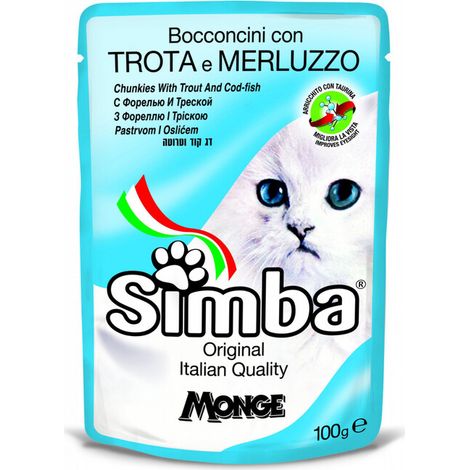 CIBO GATTO MONGE SIMBA 100 G TROTA E MERLUZZO Q.TA 24
