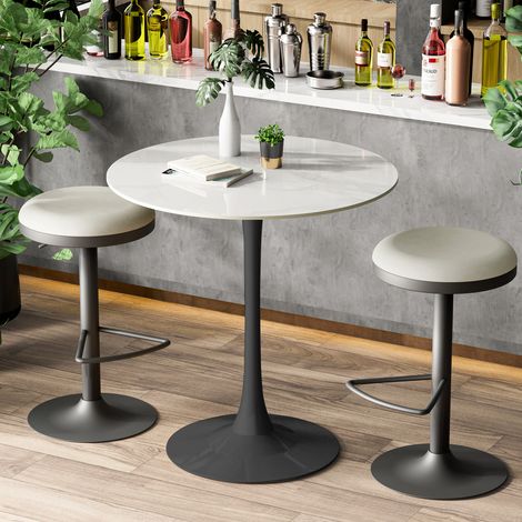 100cm Tall Round Dining Table Marble Modern Tulip Table Slate Tabletop with Metal Black Pedestal Base, Bistro Kitchen Dining Room, Glossy White (1/5)