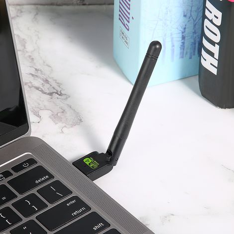 Adaptateur réseau sans fil WiFi USB 2.0 avec antenne et récepteur WiFi 150 Mbps, sans installation requise.