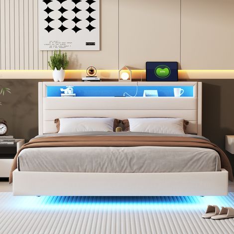 Cadre de lit 160x200 cm en lin beige, sommier à lattes inclus, tête de lit réversible, pieds escamotés, ports USB et éclairage LED intégrés, lit double pour adolescent et adulte