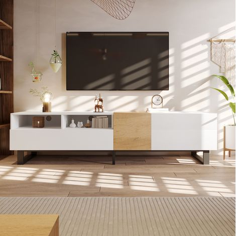 Mobile TV Moderno, Bianco Effetto Legno, 180x50x38 cm, Design Minimal (1/5)