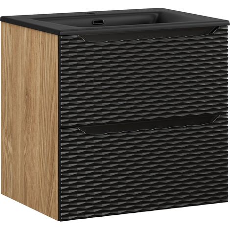 Waschtisch 60cm in Eiche mit schwarz, OLUO-56-BLACK, Front mit 3D-Struktur in Wellenoptik (1/5)