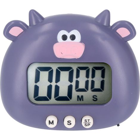 Minuteur de cuisine numérique avec compte à rebours, sons d'animaux et alertes lumineuses. Utilisation facile avec support pour apprendre à cuisiner. Vache violette. (1/5)
