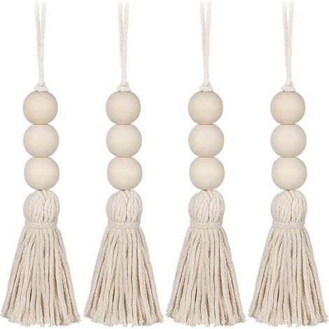 Pair 4 Stück Holzquastenperlen, Landhausperlen, natürliche Gebetsperlen, Baumwollschnur, dekorativer Wandbehang, Pompon-Perlenanhänger für Kleiderschrank, Veranda
