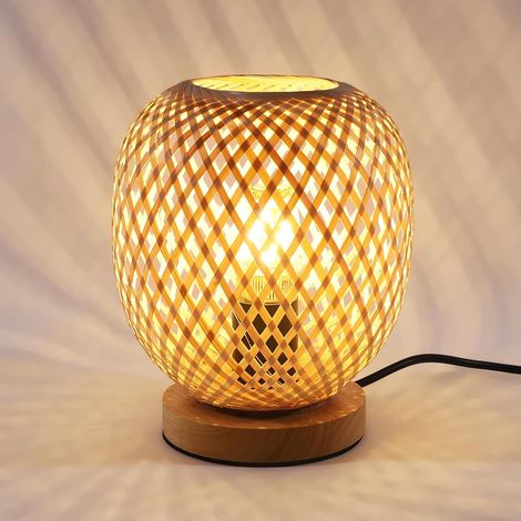 Comely – Lampe de chevet en bambou tissé – Abat-jour naturel avec base en bois – Interrupteur à bouton-poussoir – Compatible ampoules E27 jusqu'à 60W