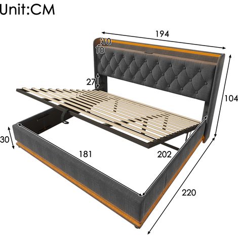 Lit rembourré 180x200 cm gris LED télécommande/application coffre hydraulique tête de lit rembourrée USB Type-C sans matelas