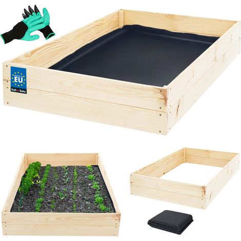 KOTARBAU® Carré Potager - Bois de Pin - 140 x 80 x 18 cm - Naturel - Bac Potager - Jardiniere Surelevee Exterieur - avec Vlies et Gants à Griffes