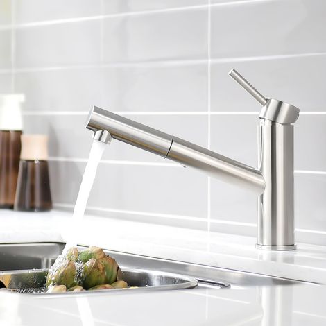Robinet de Cuisine avec Douchette Extractible et Rotation 120°, Mitigeur à Levier Unique Nickel Brossé pour Évier (1/5)