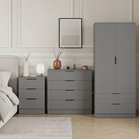 Trega 3pc Bedroom Furniture Set – 3 Drawer Bedside, 4 Drawer Chest & 2 Door Wardrobe, Grey