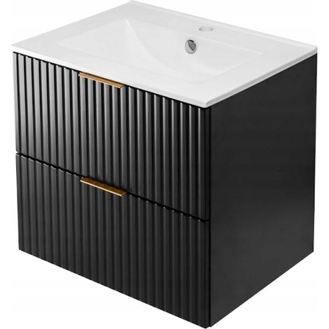 RODAN Waschtischunterschrank mit Waschbecken 60 cm Schwarz Hängend geriffelte MDF-Front Soft-Close FLOW (1/5)