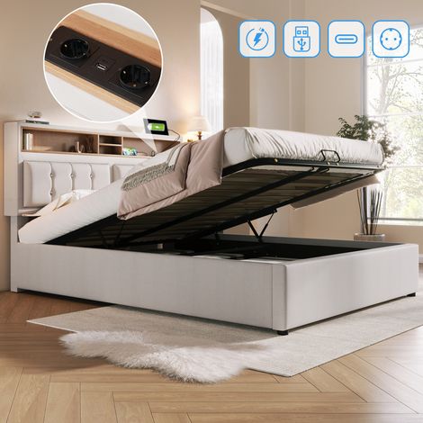 Beiges Leinenbett 140x200 cm mit Stauraum und USB, platzsparend, ohne Matratze – MEUBLIV (1/5)