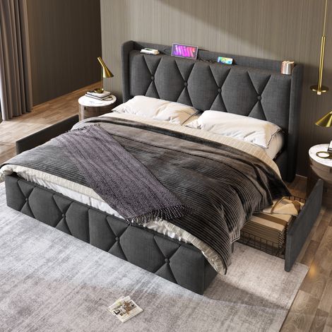 Cama dormitorio con cajones y carga USB gris OKMYHOME (1/5)