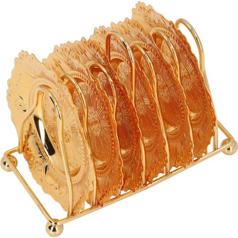 Luxuriöser Alltagsuntersetzer, rutschfester Metalluntersetzer, kreativer Getränkeuntersetzer mit dekorativem Ständer, eleganter Schreibtischschutz, rund, goldfarben.