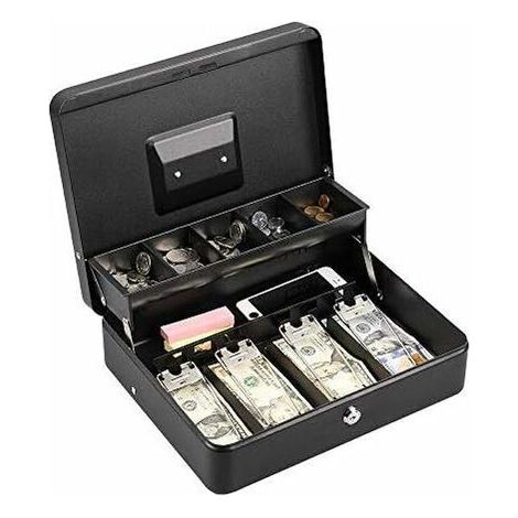 Boîte à billets en métal verrouillable argent, pièce de monnaie et boîte de sécurité grande caisse avec serrure - nouvelle boîte à billets en métal - noir (1/4)