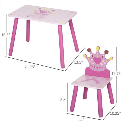 Ensemble table et chaises en bois rose 3 pièces pour enfants, motif couronne, facile à nettoyer, cadeau idéal pour les petites filles de 2 à 4 ans. (1/5)